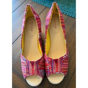 Sonoma Life Style Womens 7.5 M Red Woven Peep Toe Espadrille Wedge Sandals